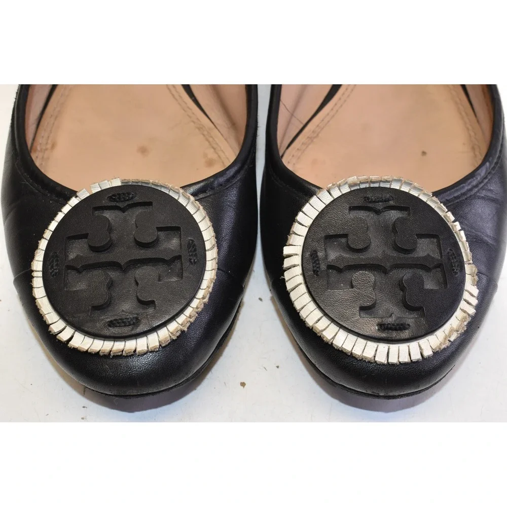 Tory Burch Leather Heeled Ballet Flats Black‎ Womens 8.5M Logo Medallion Vibram